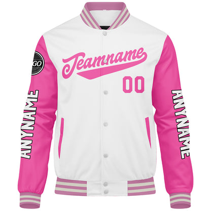 Custom White Pink Varsity Jackets for Men Women Youth Personalized Letterman Jackets