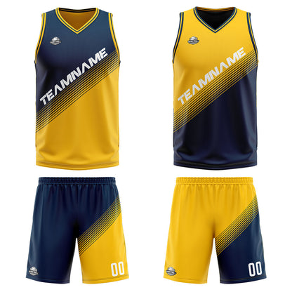 Custom Navy Yellow Reversible Basketball Suit for Adults and Kids Personalized Jersey