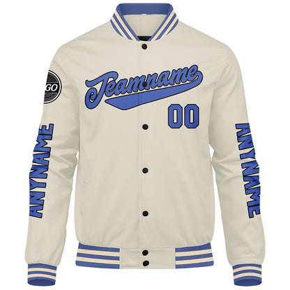 Custom Cream Blue Varsity Jackets for Men Women Youth Personalized Letterman Jackets