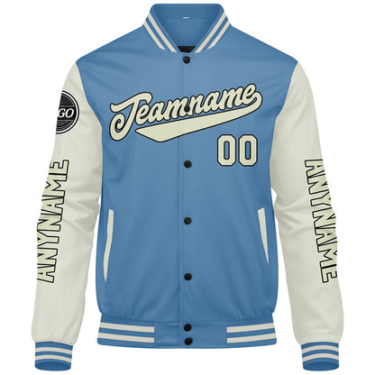 Custom Light Blue Cream Varsity Jackets for Men Women Youth Personalized Letterman Jackets