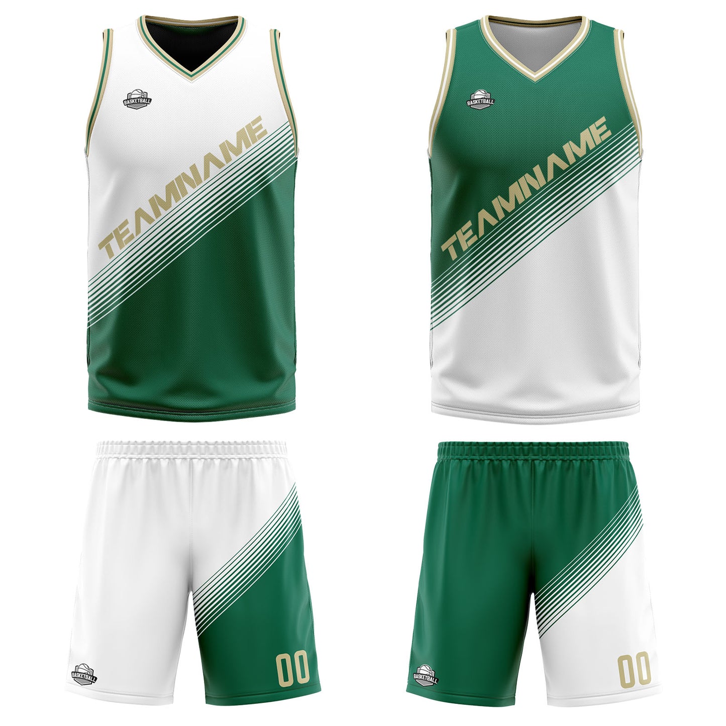 Custom White Green Reversible Basketball Suit for Adults and Kids Personalized Jersey