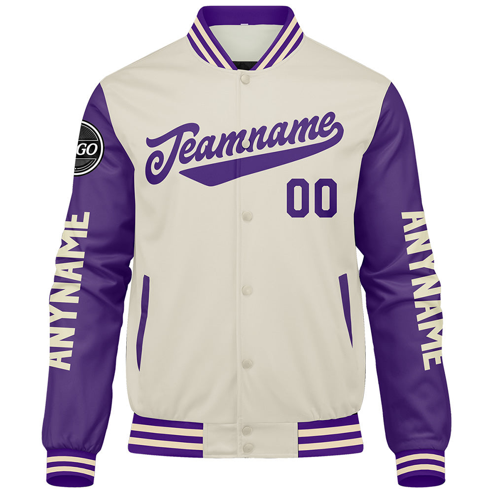 Custom Purple Cream Varsity Jackets for Men Women Youth Personalized Letterman Jackets