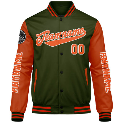 Custom Olive Green Orange Varsity Jackets for Men Women Youth Personalized Letterman Jackets