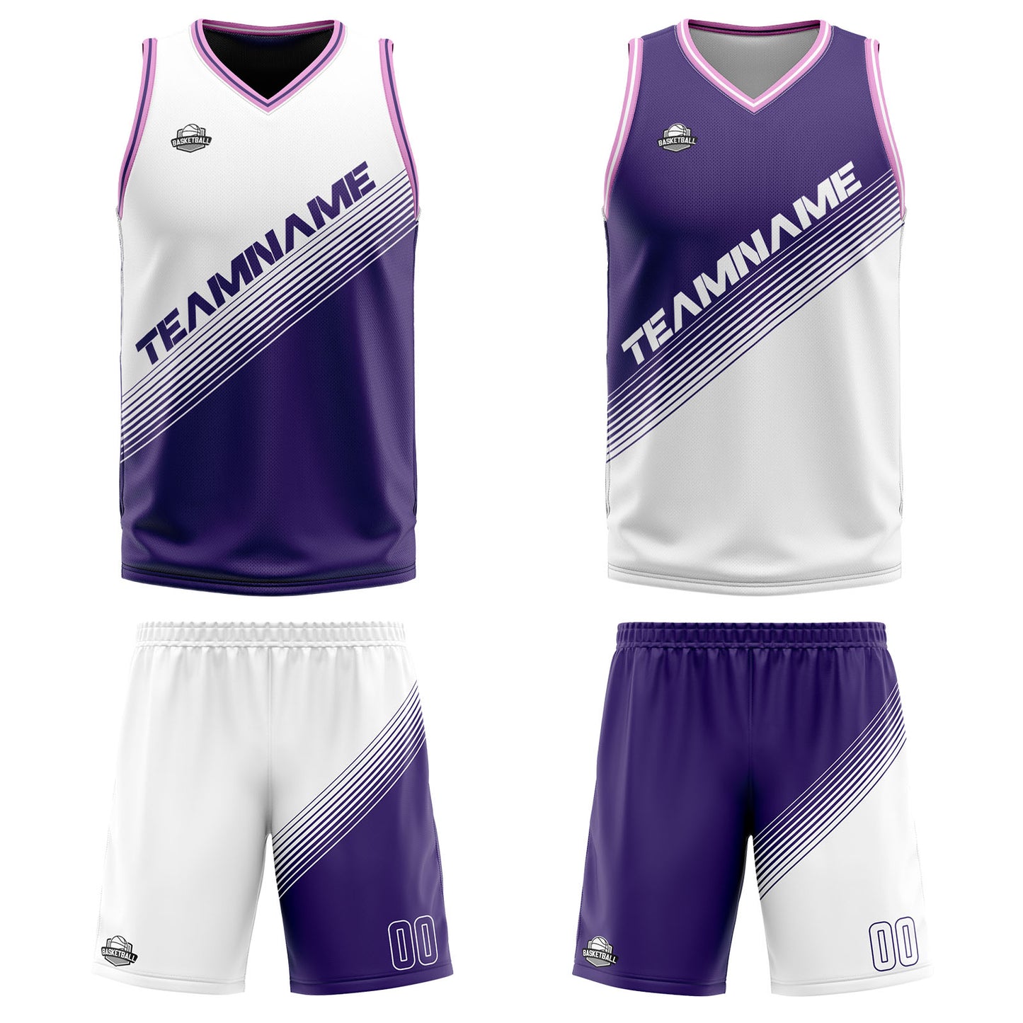 Custom White Purple Reversible Basketball Suit for Adults and Kids Personalized Jersey