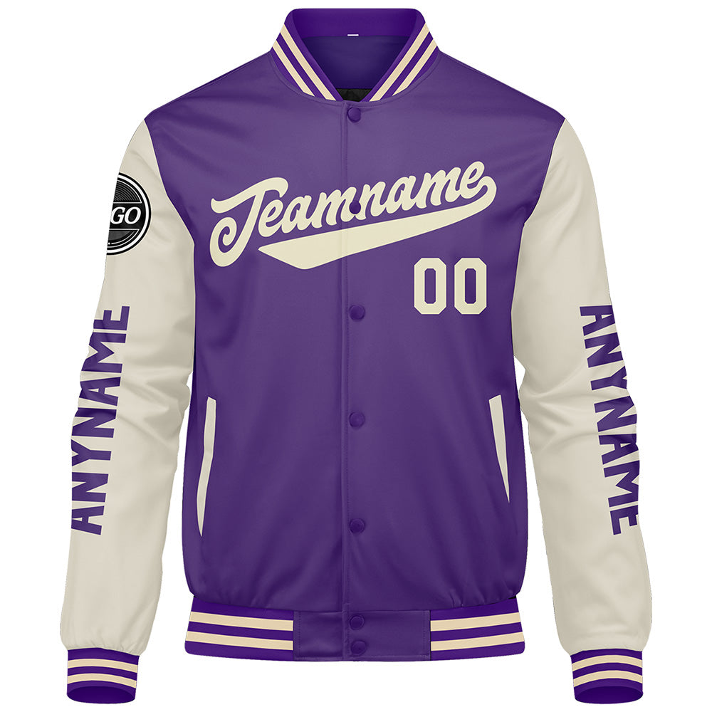Custom Purple Cream Varsity Jackets for Men Women Youth Personalized Letterman Jackets