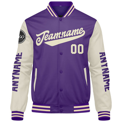 Custom Purple Cream Varsity Jackets for Men Women Youth Personalized Letterman Jackets