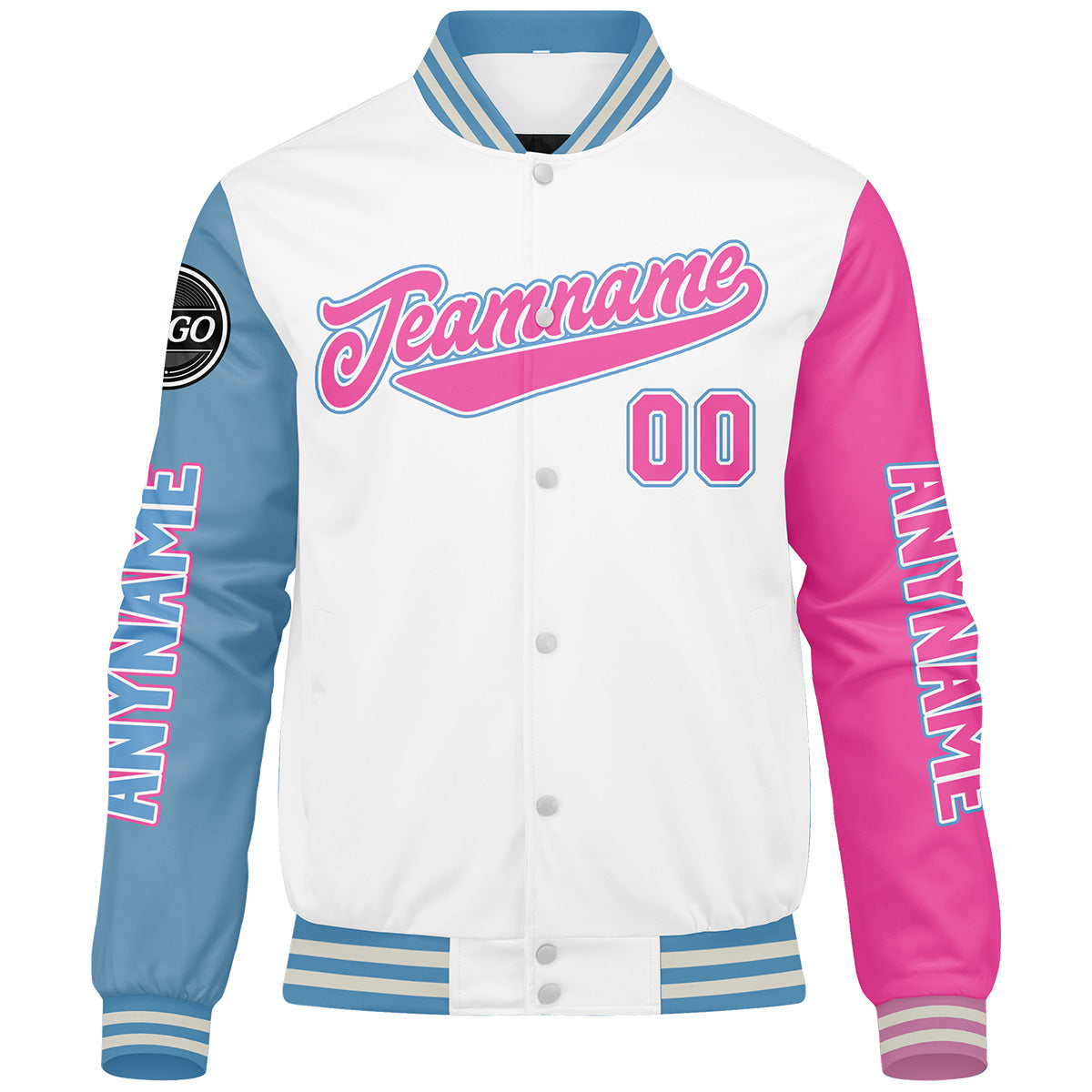 Custom White Light Blue Pink Varsity Jackets for Men Women Youth Personalized Letterman Jackets