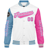Custom White Light Blue Pink Varsity Jackets for Men Women Youth Personalized Letterman Jackets