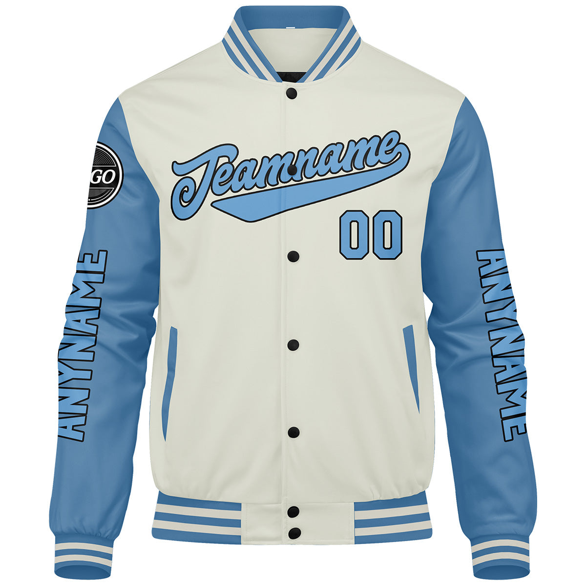 Custom Light Blue Cream Varsity Jackets for Men Women Youth Personalized Letterman Jackets