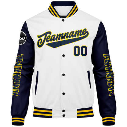 Custom Navy White Yellow Varsity Jackets for Men Women Youth Personalized Letterman Jackets