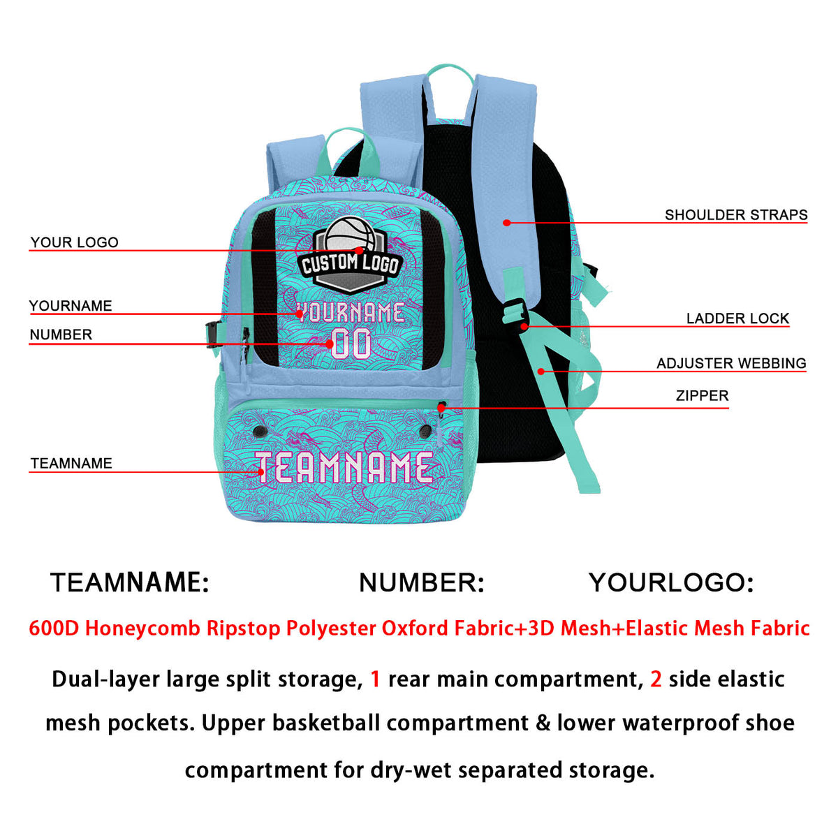 Custom Cyan Purple Blue Basketball Soccer Backpack Personalized Player Names Numbers Team Logo #BB-0919-0013