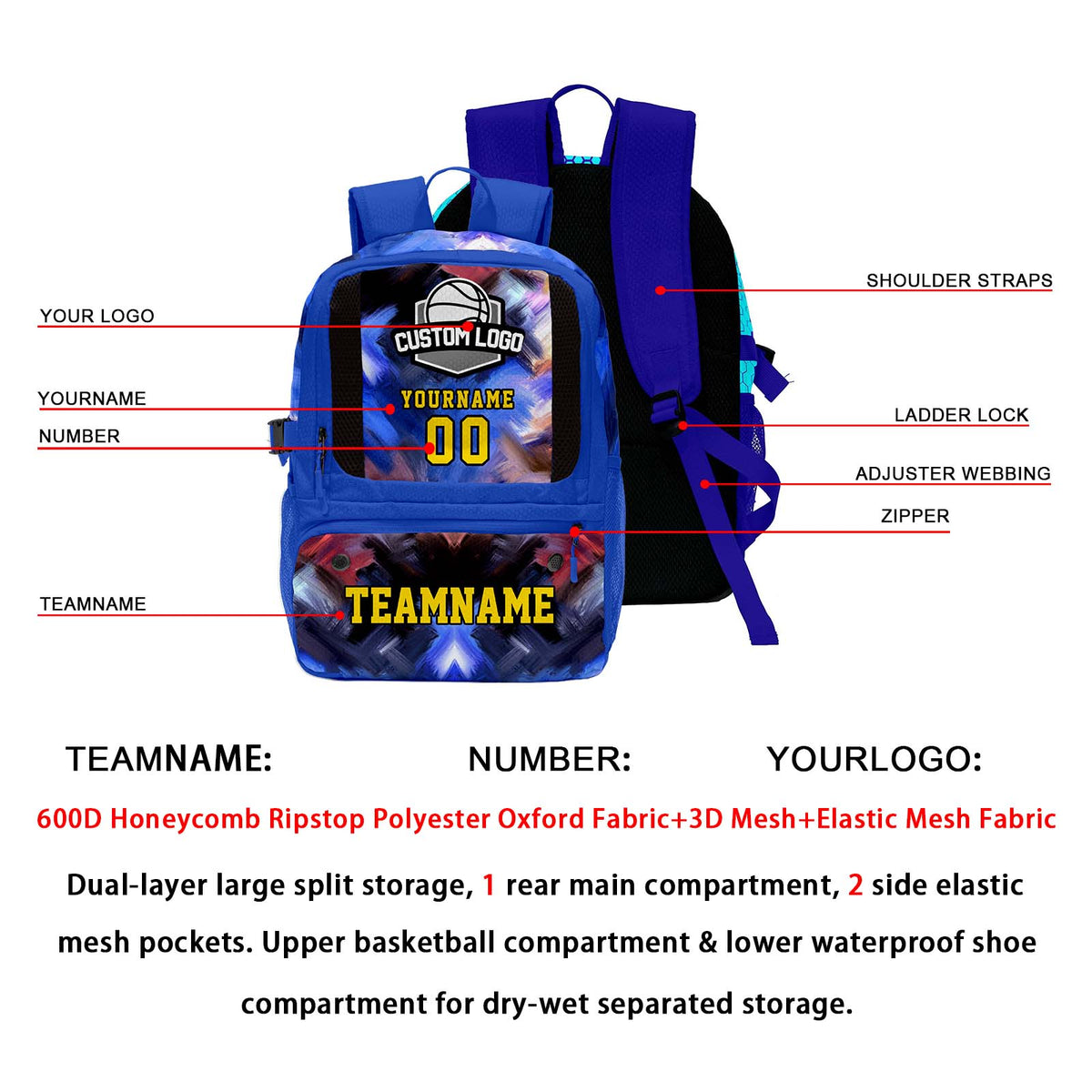 Custom Blue Basketball Soccer Backpack Personalized Player Names - Numbers & Team Logo #150-BP-0914-0012