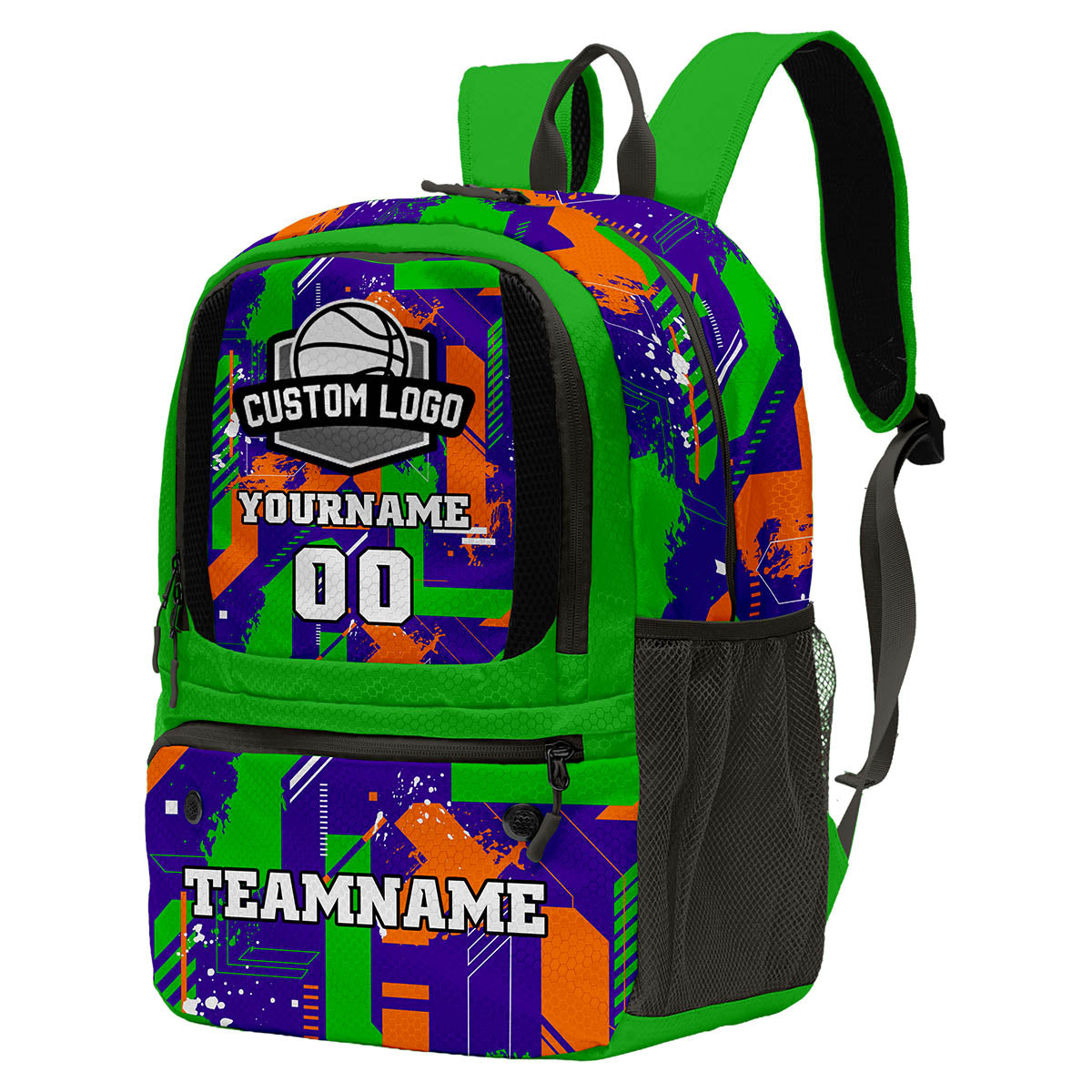 Custom Green Purple Orange Basketball Soccer Backpack Personalized Player Names Numbers Team Logo #BB-0919-0017