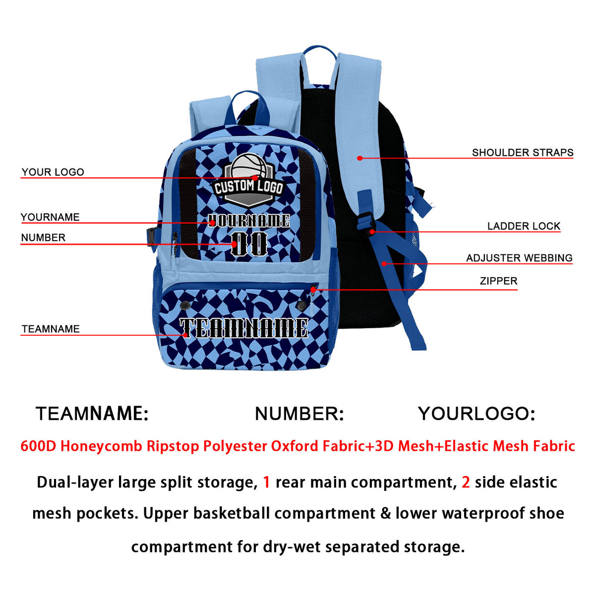 Custom Light Blue Deep Blue Basketball Soccer Backpack Personalized Player Names Numbers Team Logo #BB-0919-0020