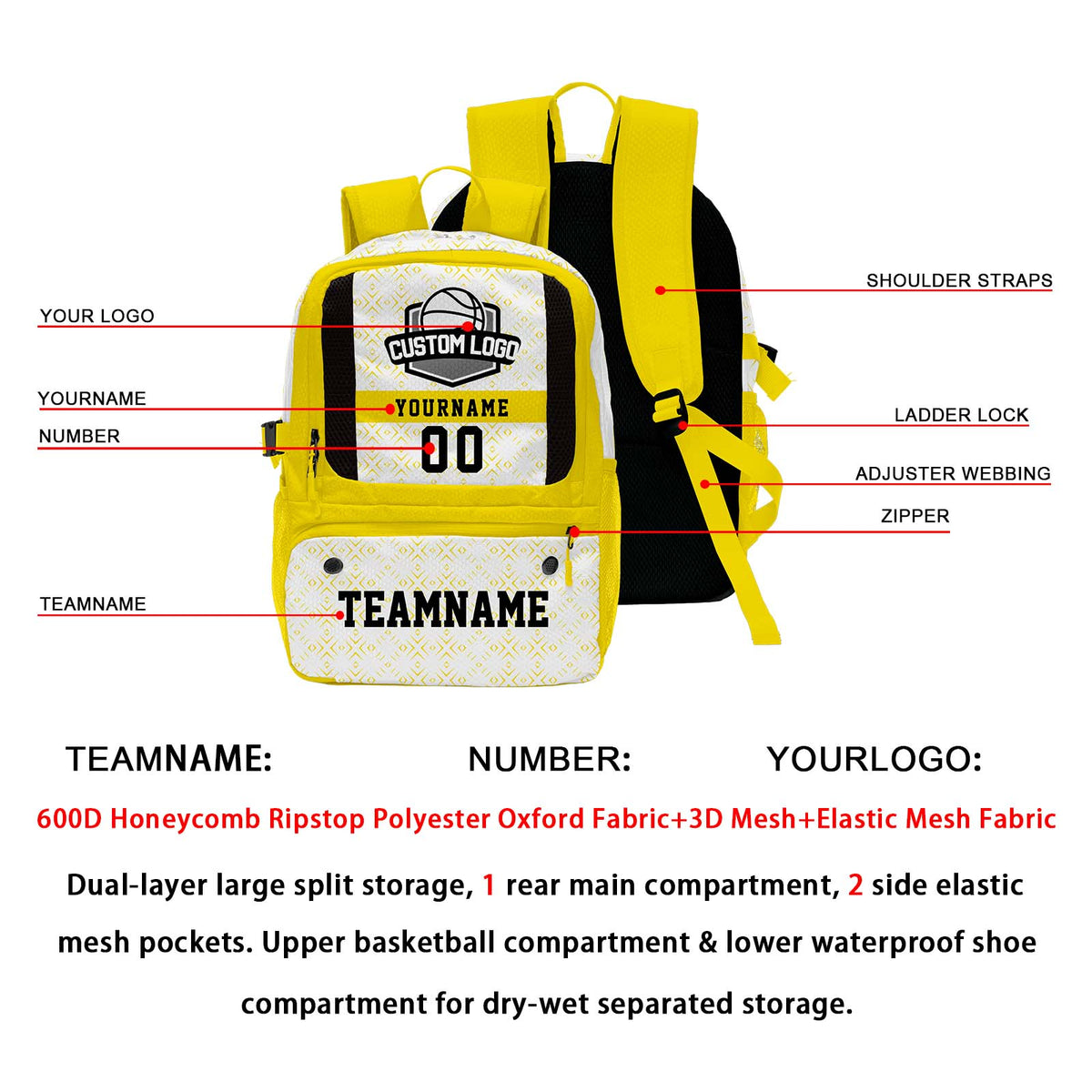 Custom Yellow Basketball Soccer Backpack Personalized Player Names - Numbers & Team Logo #150-BP-0914-0033