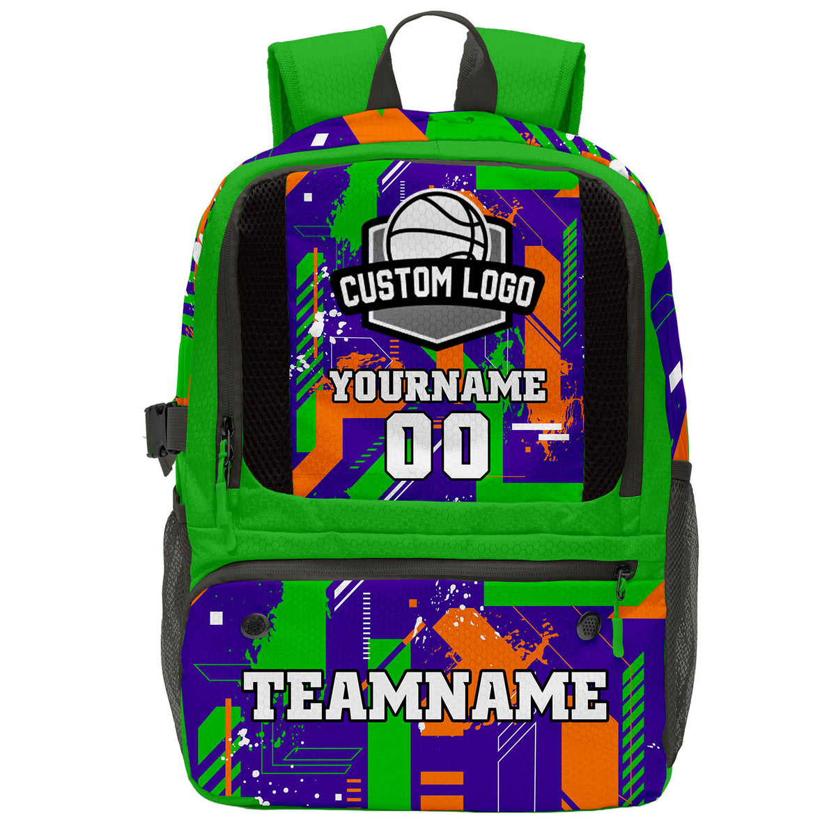 Custom Green Purple Orange Basketball Soccer Backpack Personalized Player Names Numbers Team Logo #BB-0919-0017
