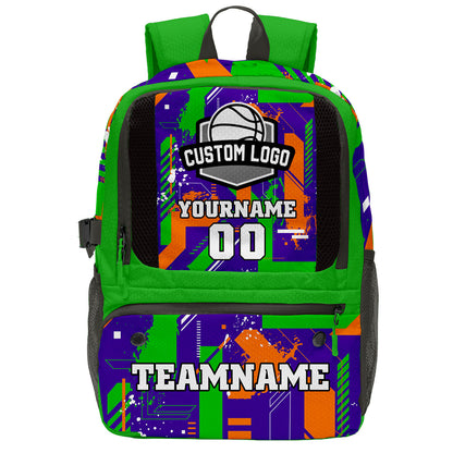 Custom Green Purple Orange Basketball Soccer Backpack Personalized Player Names Numbers Team Logo #BB-0919-0017