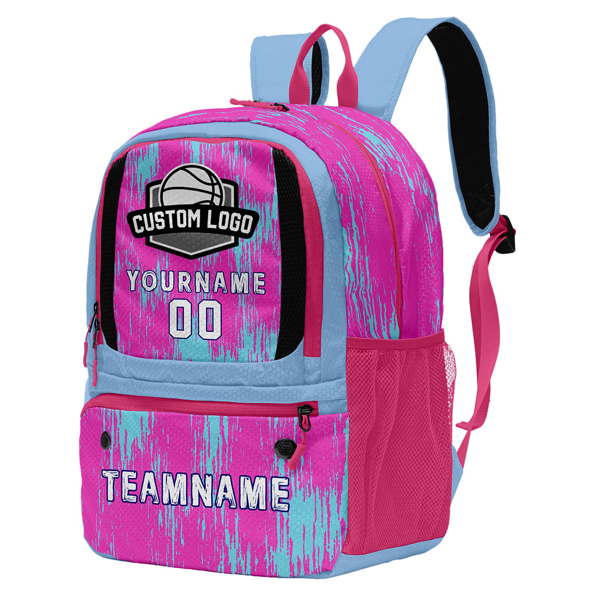 Custom Rose Pink Light Blue Basketball Soccer Backpack Personalized Player Names Numbers Team Logo #BB-0919-0035