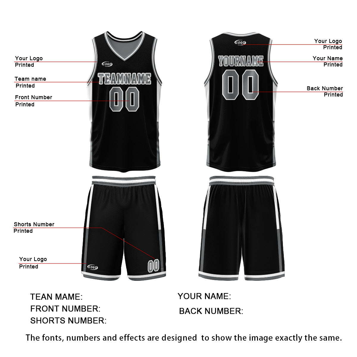 Custom Black Grey Reversible Basketball Suit for Adults and Kids Personalized Jersey