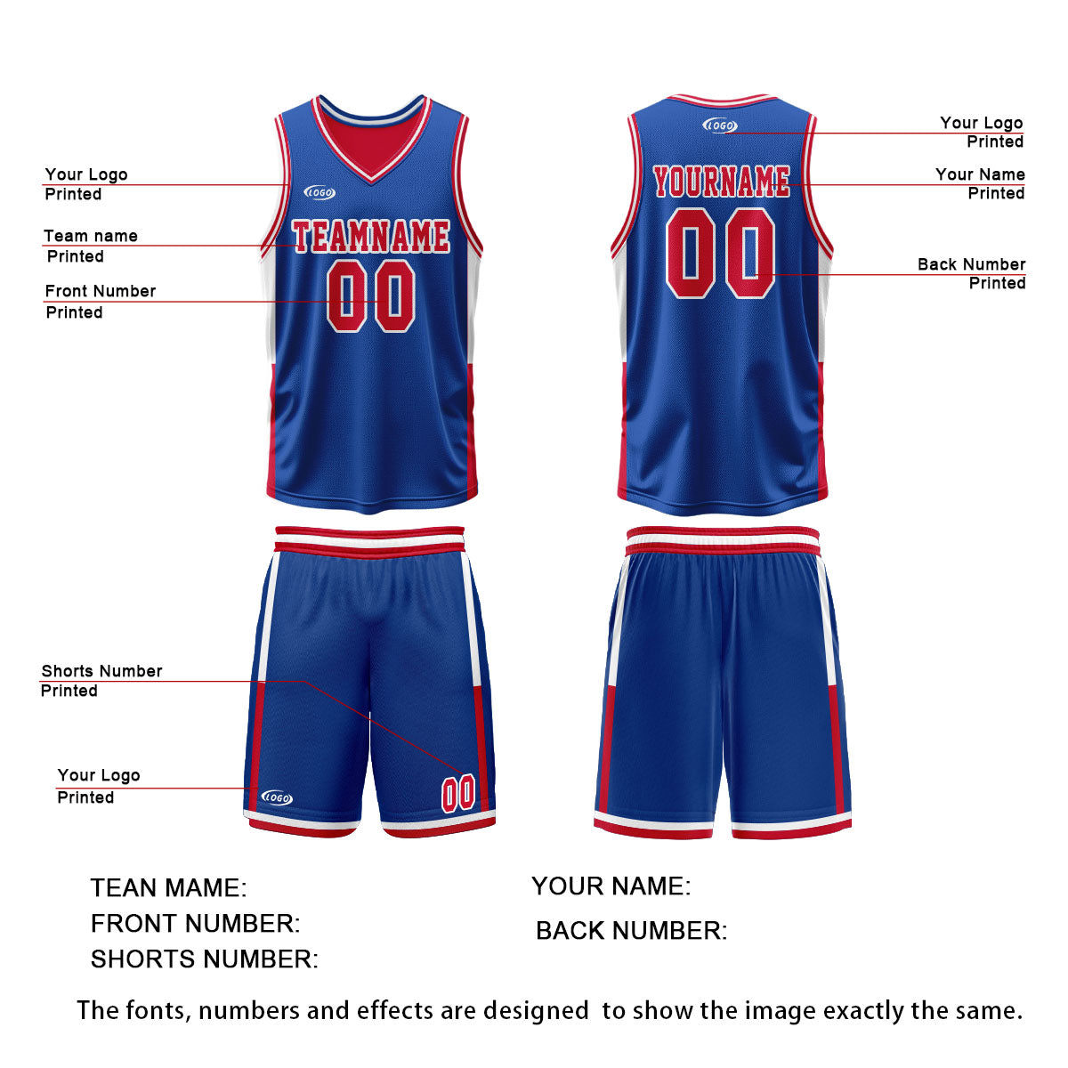 Custom Blue Red Reversible Basketball Suit for Adults and Kids Personalized Jersey