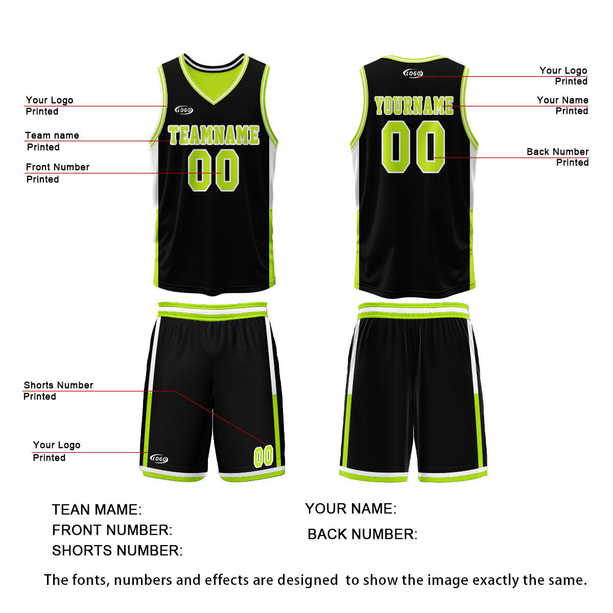 Custom Black Neon Green Reversible Basketball Suit for Adults and Kids Personalized Jersey