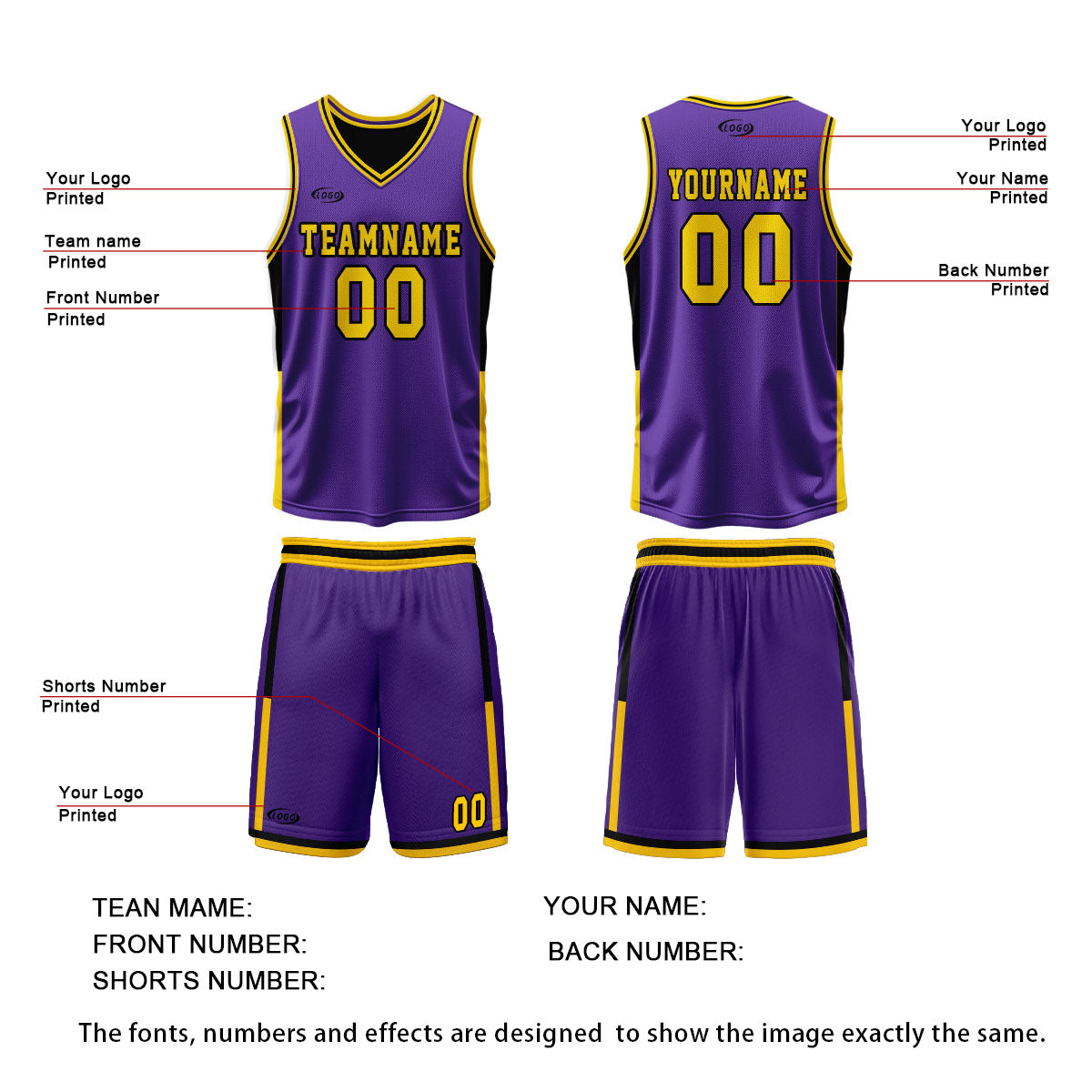 Custom Purple Black Yellow Reversible Basketball Suit for Adults and Kids Personalized Jersey