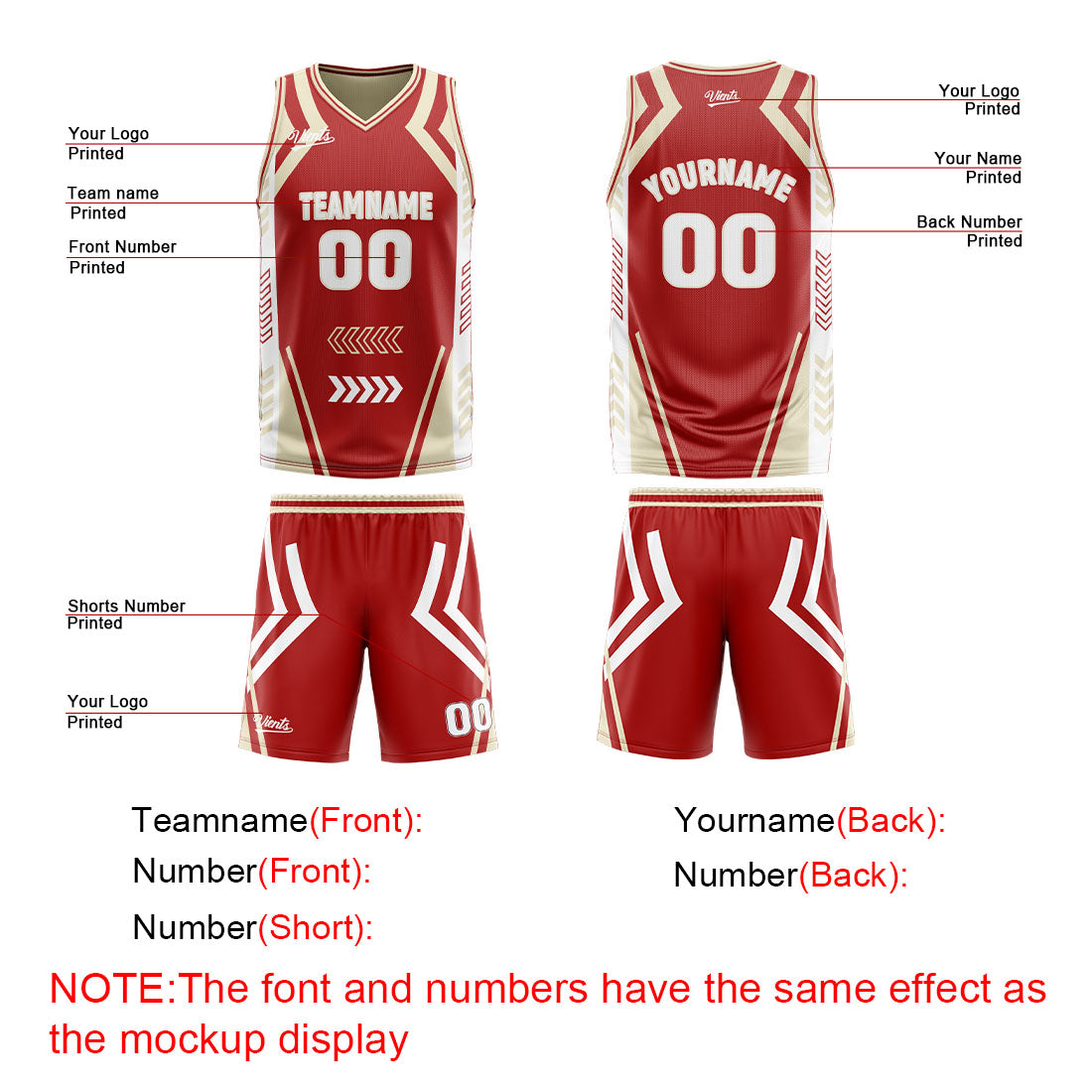 Custom Red Cream Reversible Basketball Suit for Adults and Kids Personalized Jersey