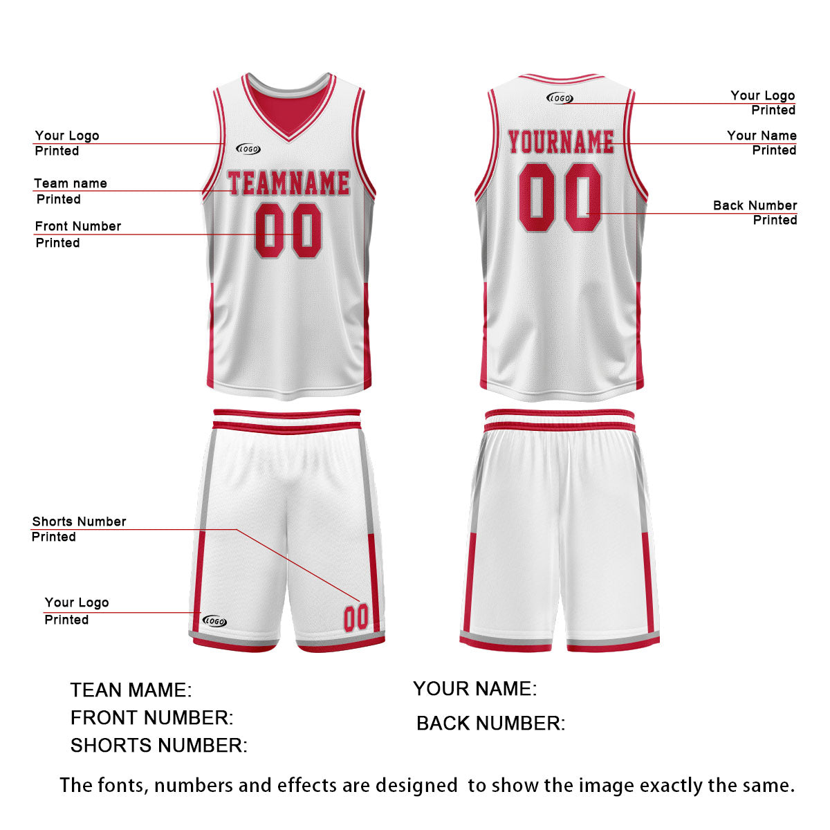 Custom White Red Reversible Basketball Suit for Adults and Kids Personalized Jersey