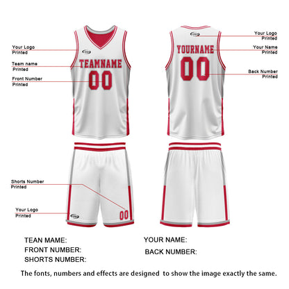 Custom White Red Reversible Basketball Suit for Adults and Kids Personalized Jersey
