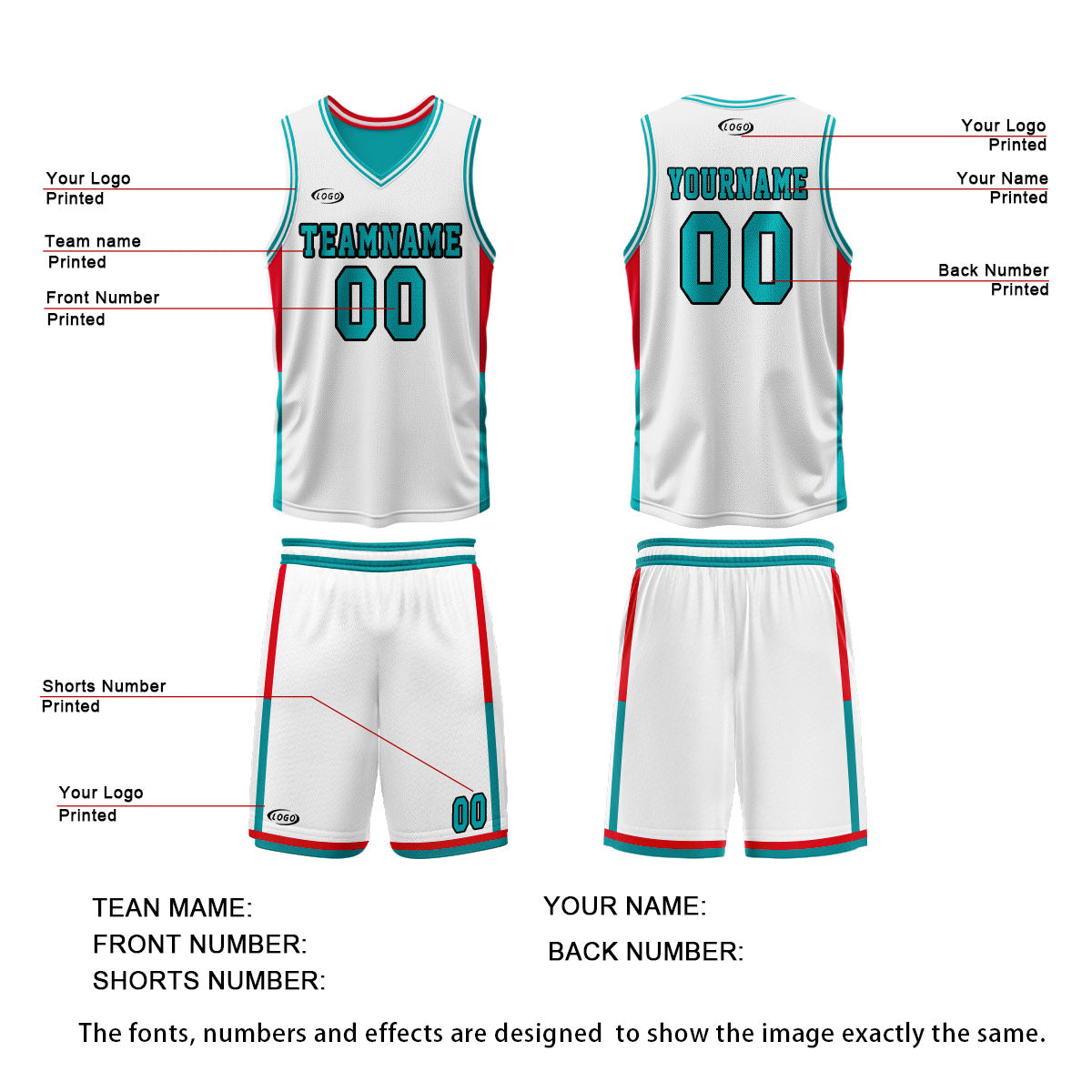 Custom White Cyan Red Reversible Basketball Suit for Adults and Kids Personalized Jersey