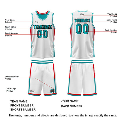 Custom White Cyan Red Reversible Basketball Suit for Adults and Kids Personalized Jersey