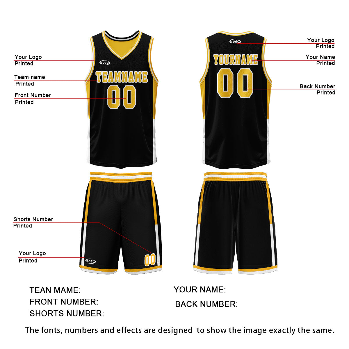 Custom Black Yellow Reversible Basketball Suit for Adults and Kids Personalized Jersey