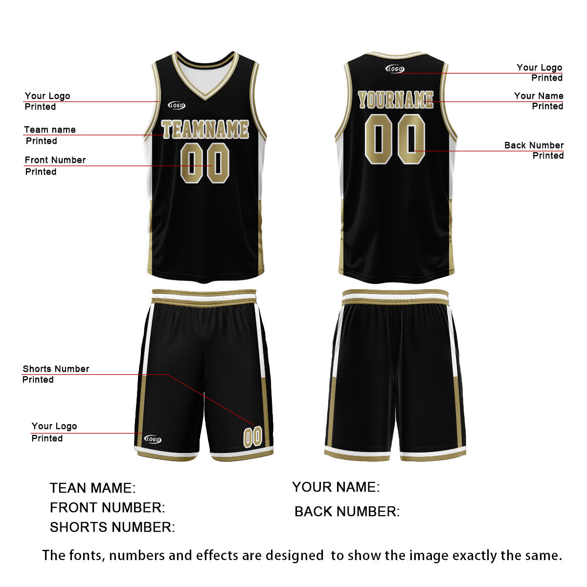 Custom Black White Gold Reversible Basketball Suit for Adults and Kids Personalized Jersey