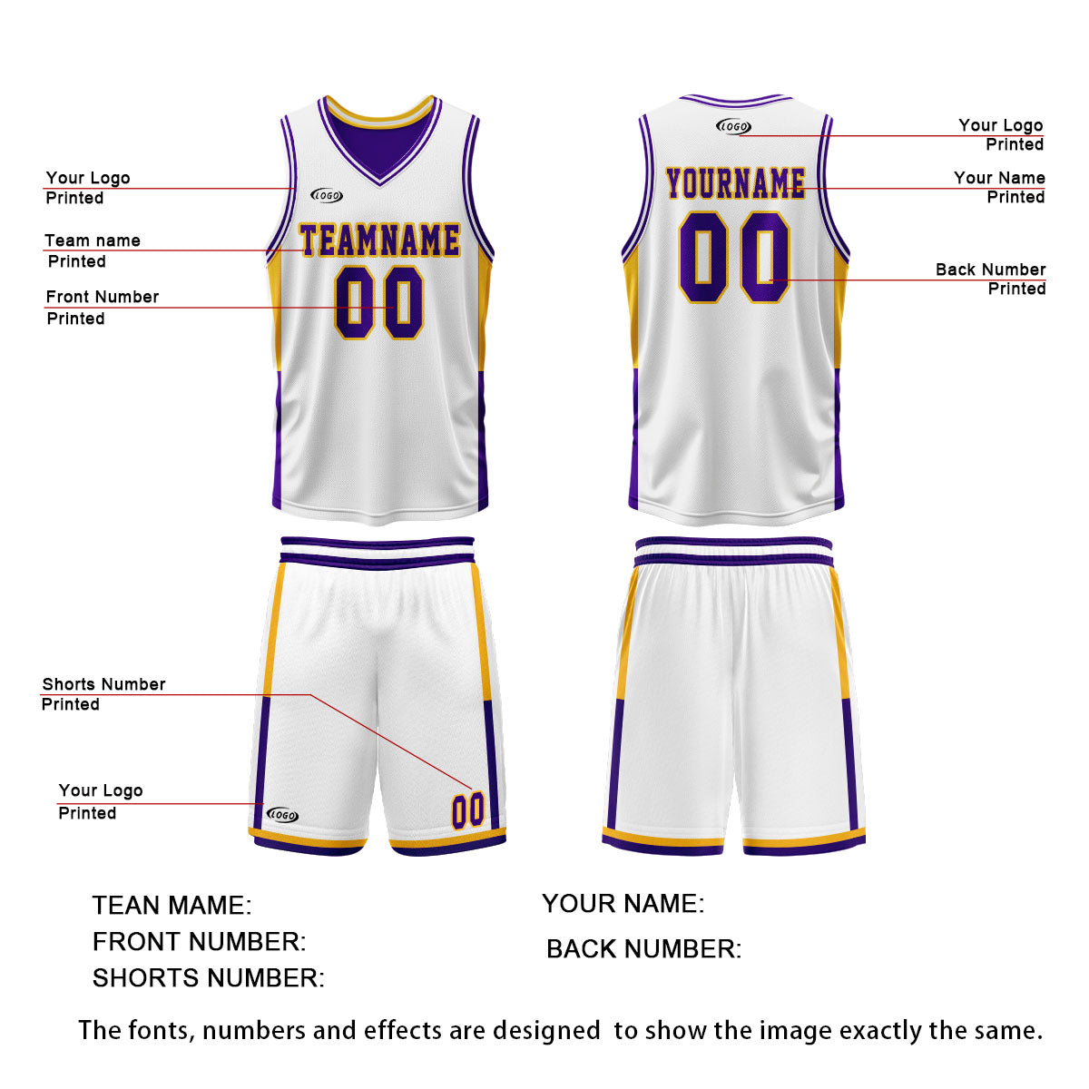 Custom White Purple Yellow Reversible Basketball Suit for Adults and Kids Personalized Jersey