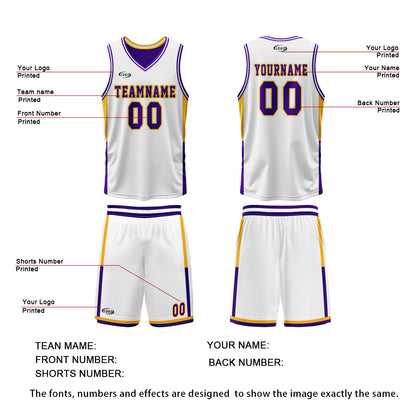 Custom White Purple Yellow Reversible Basketball Suit for Adults and Kids Personalized Jersey