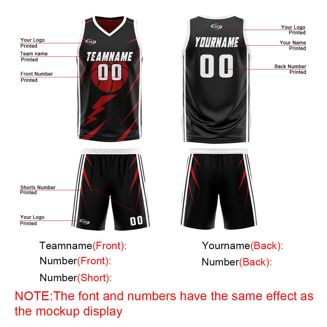 Custom Black Red Reversible Basketball Suit for Adults and Kids Personalized Jersey