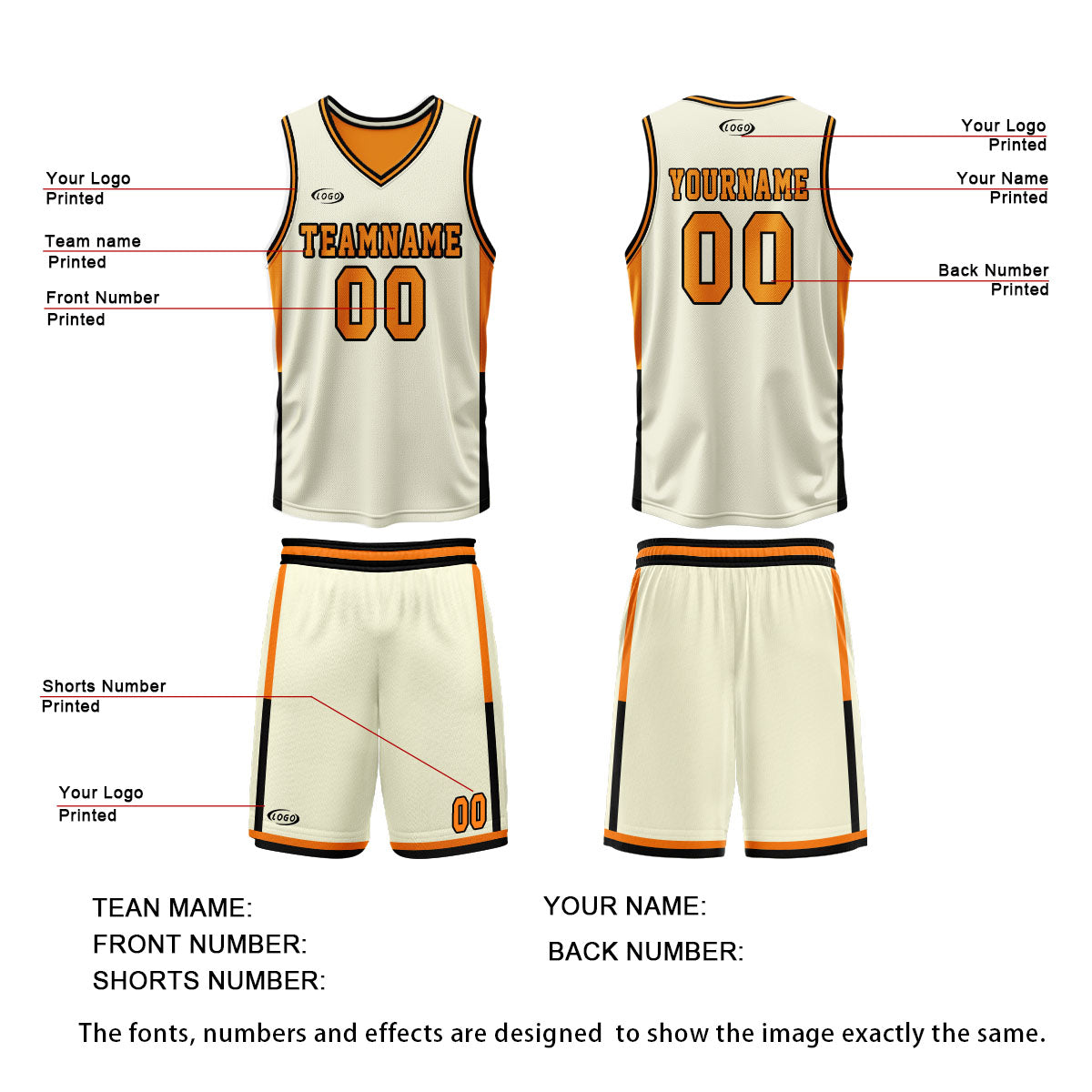 Custom Cream Orange Reversible Basketball Suit for Adults and Kids Personalized Jersey