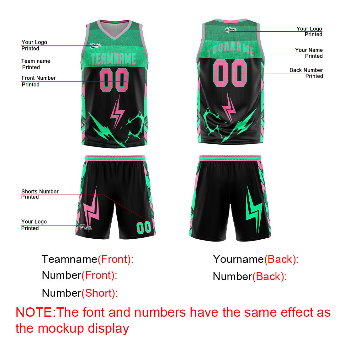 Custom Black Green Pink Basketball Jersey Uniform Suit Printed Your Logo Name Number