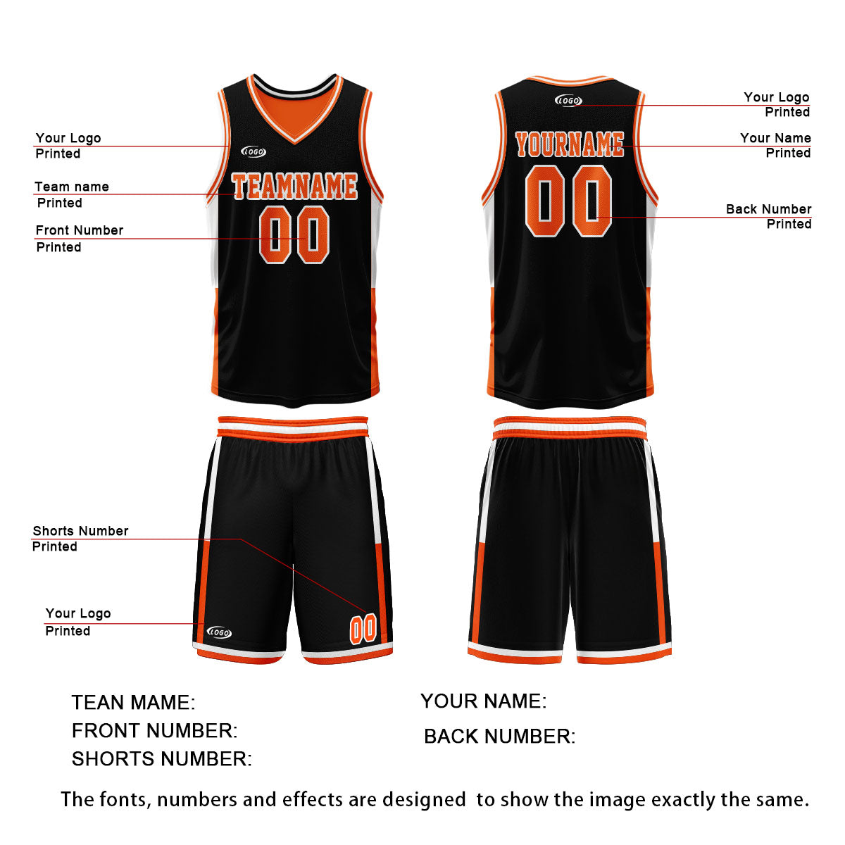 Custom Black Orange Reversible Basketball Suit for Adults and Kids Personalized Jersey
