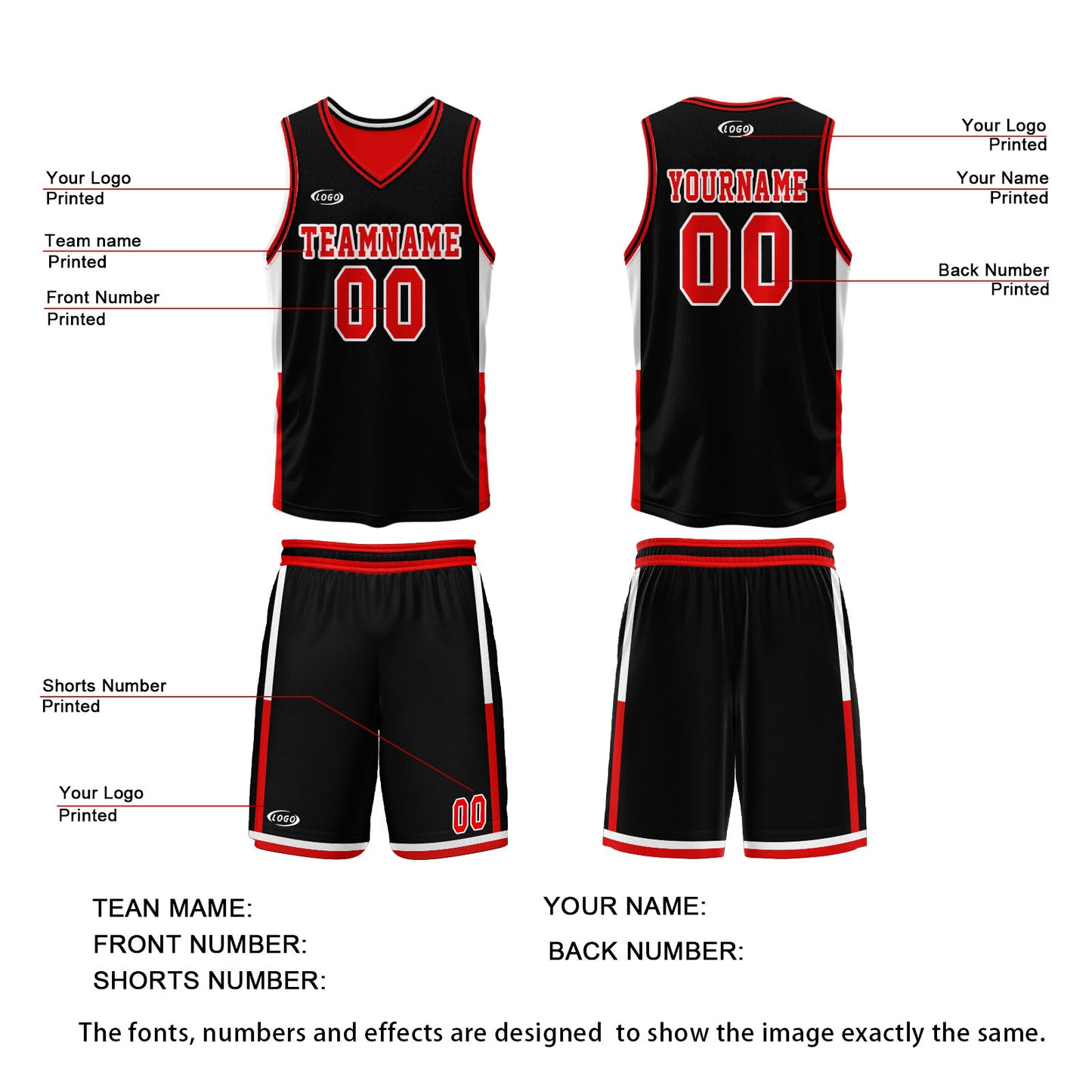 Custom Black Red Reversible Basketball Suit for Adults and Kids Personalized Jersey