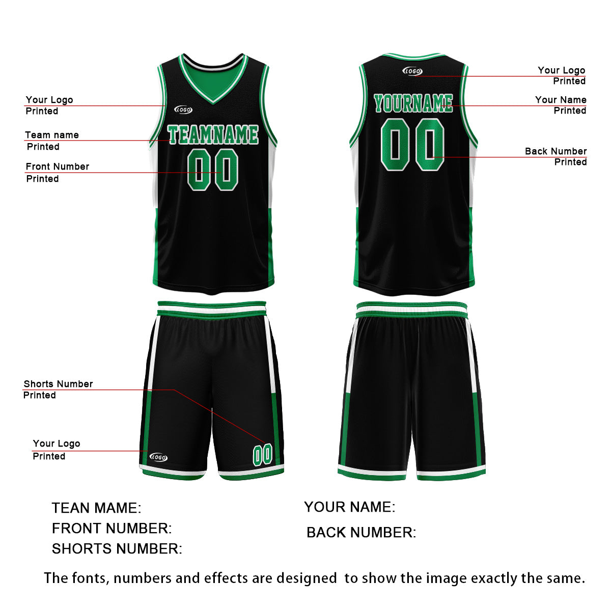 Custom Black Green Reversible Basketball Suit for Adults and Kids Personalized Jersey