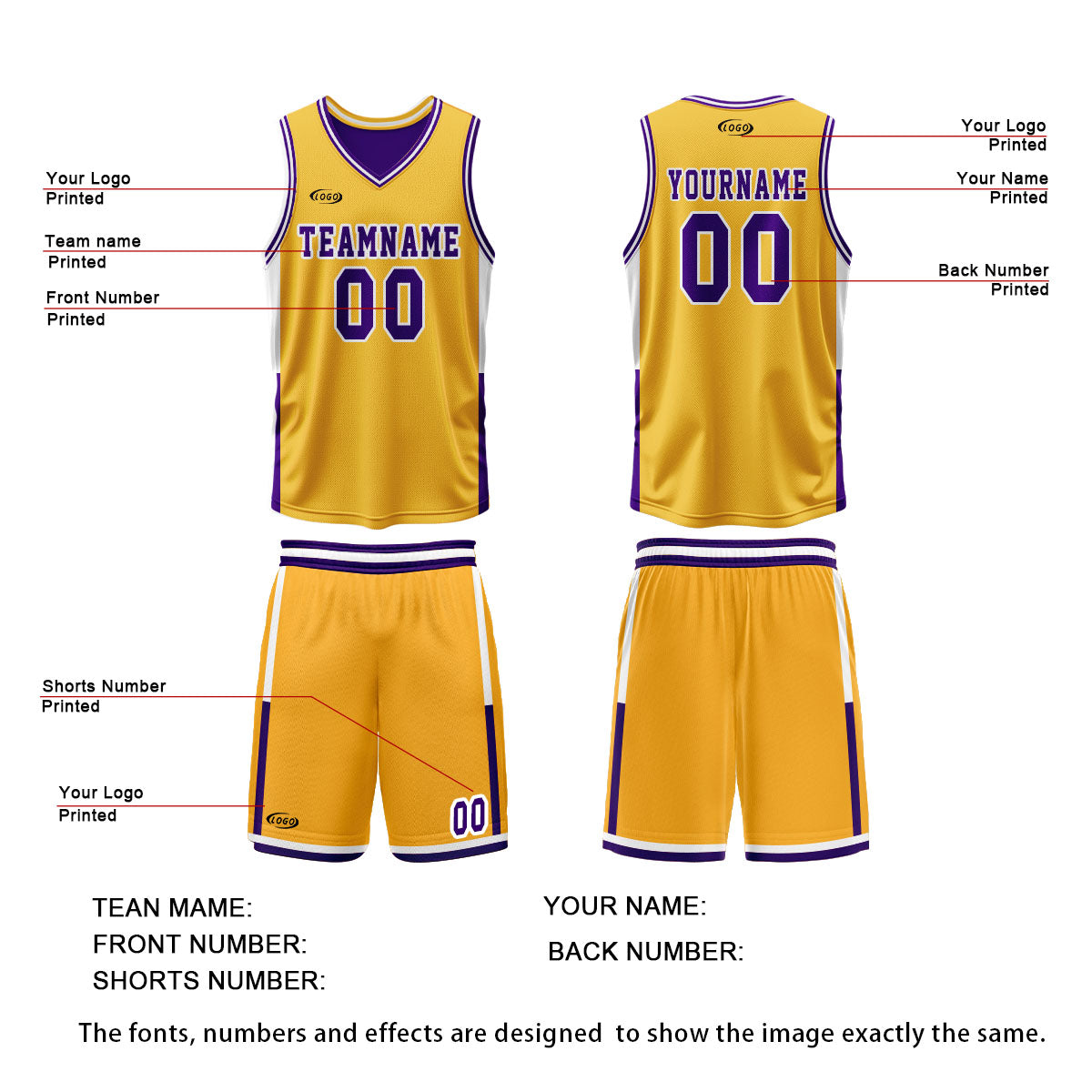 Custom Yellow Purple Reversible Basketball Suit for Adults and Kids Personalized Jersey