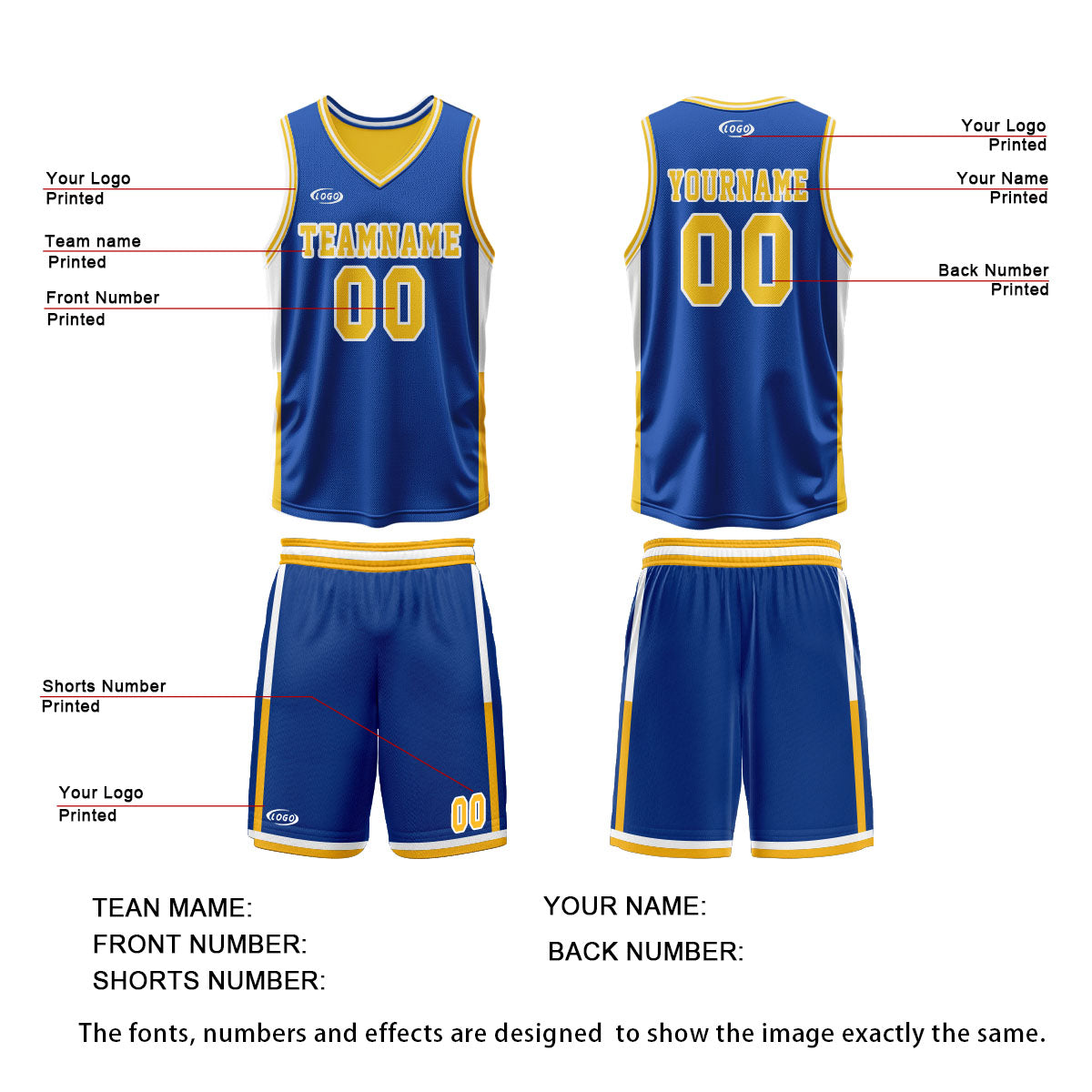 Custom Blue Yellow Reversible Basketball Suit for Adults and Kids Personalized Jersey