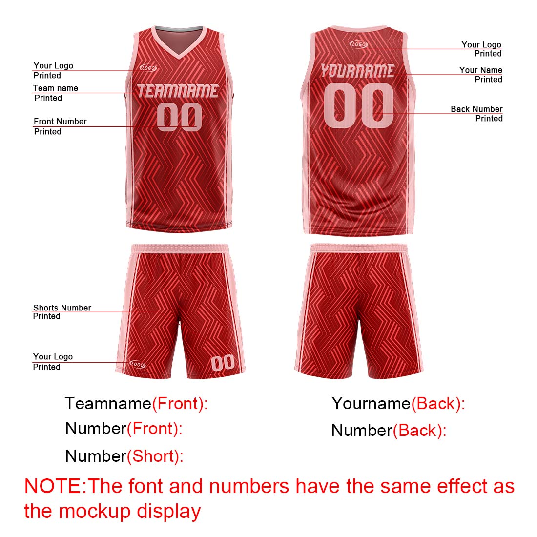 Custom Red Pink Reversible Basketball Suit for Adults and Kids Personalized Jersey