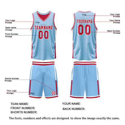 Custom Light Blue Red Reversible Basketball Suit for Adults and Kids Personalized Jersey