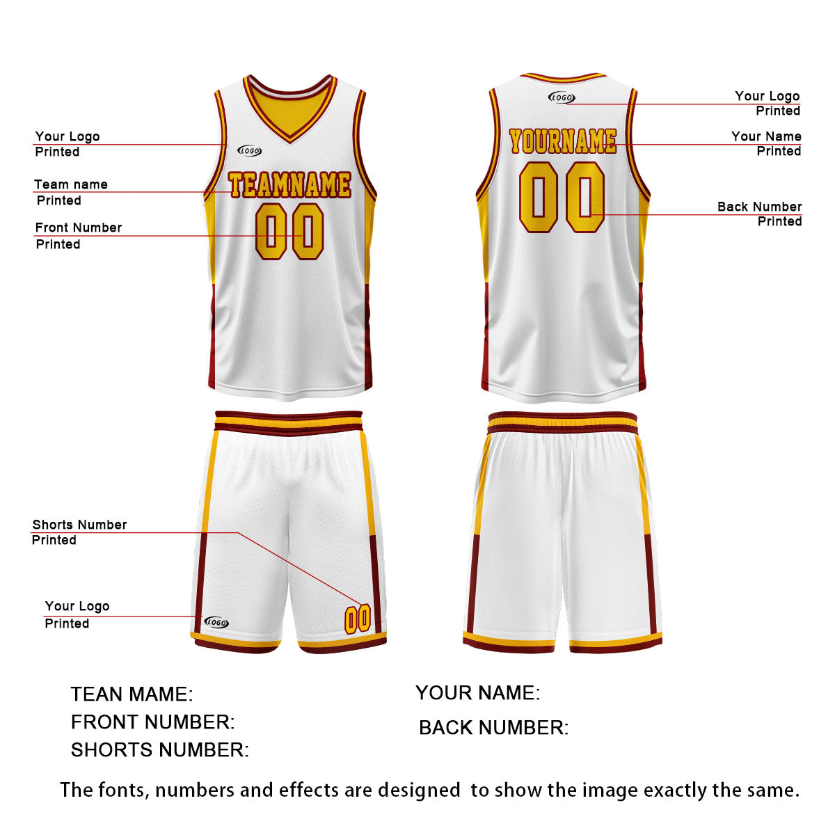 Custom White Yellow Reversible Basketball Suit for Adults and Kids Personalized Jersey