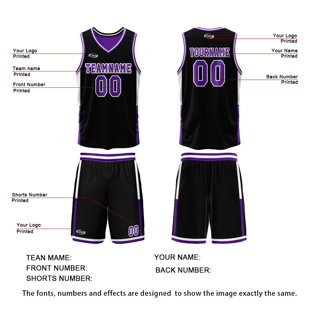 Custom Black Purple Reversible Basketball Suit for Adults and Kids Personalized Jersey