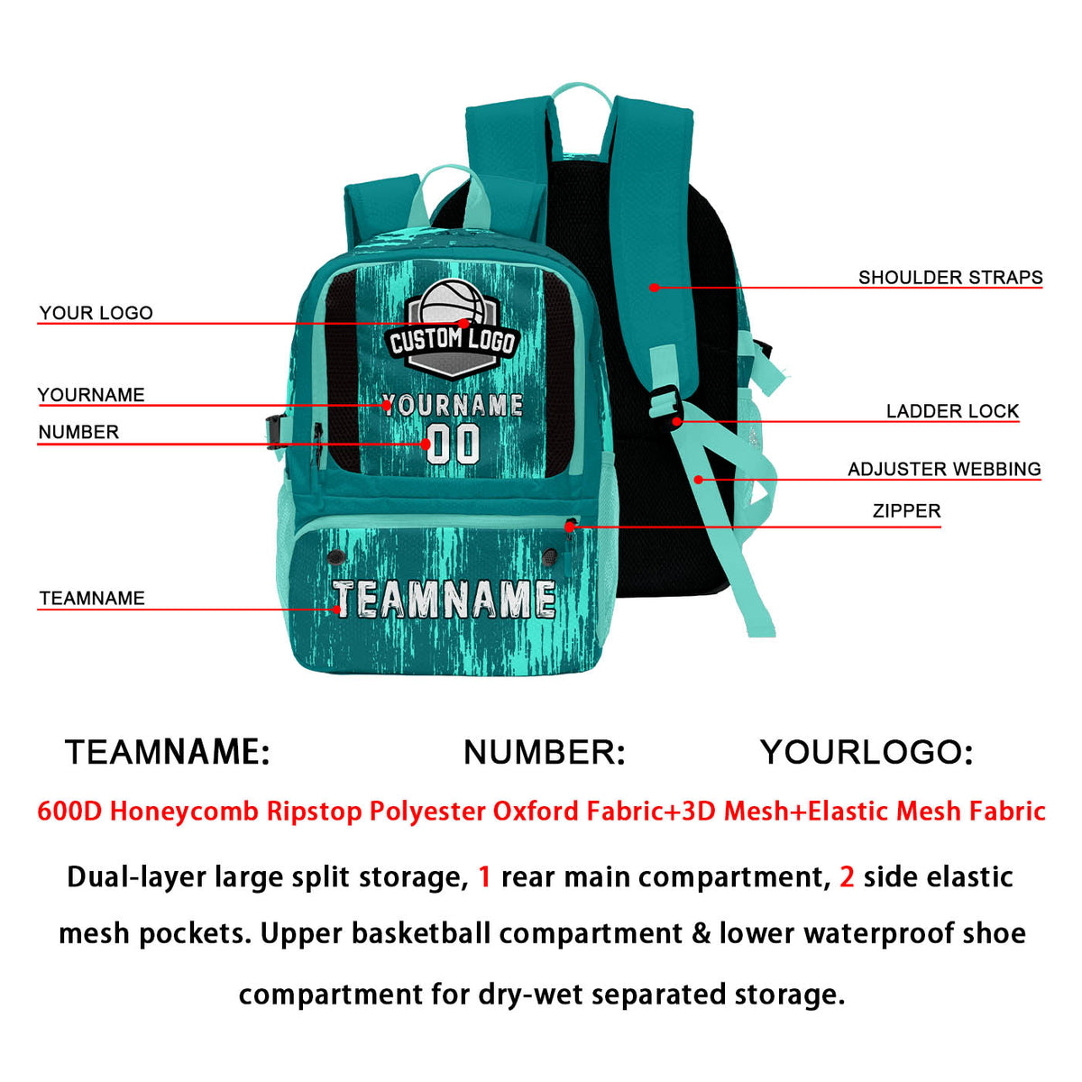 Custom Cyan Blue Basketball Soccer Backpack Personalized Player Names Numbers Team Logo #BB-0919-0010