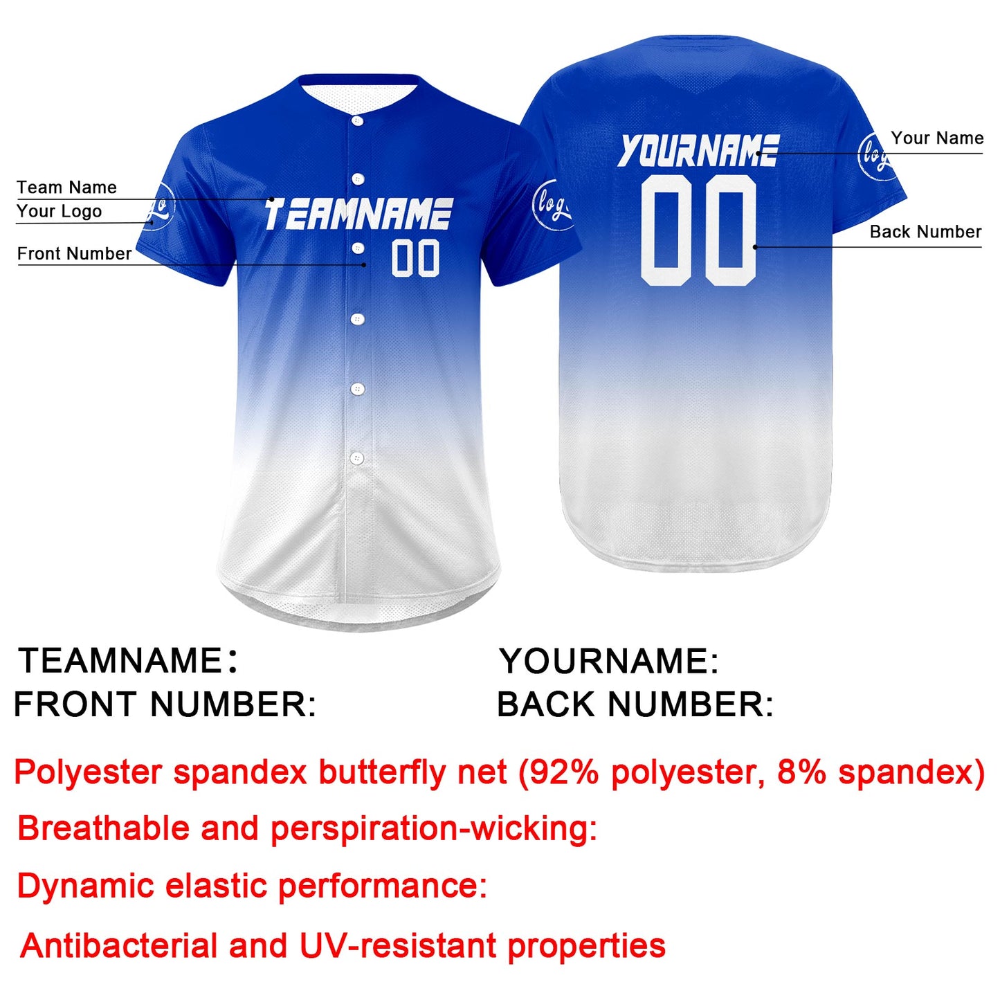 Custom White Blue Baseball Jersey Personalized Gradient Team Uniforms Shirt with Name Number