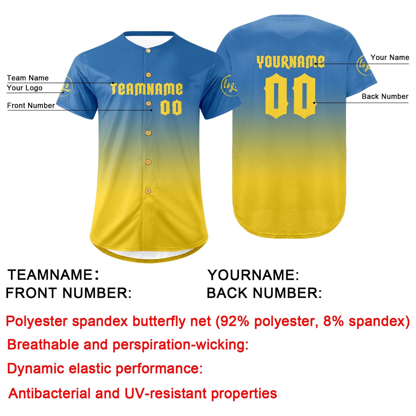 Custom Blue Yellow Baseball Jersey Personalized Gradient Team Uniforms Shirt with Name Number